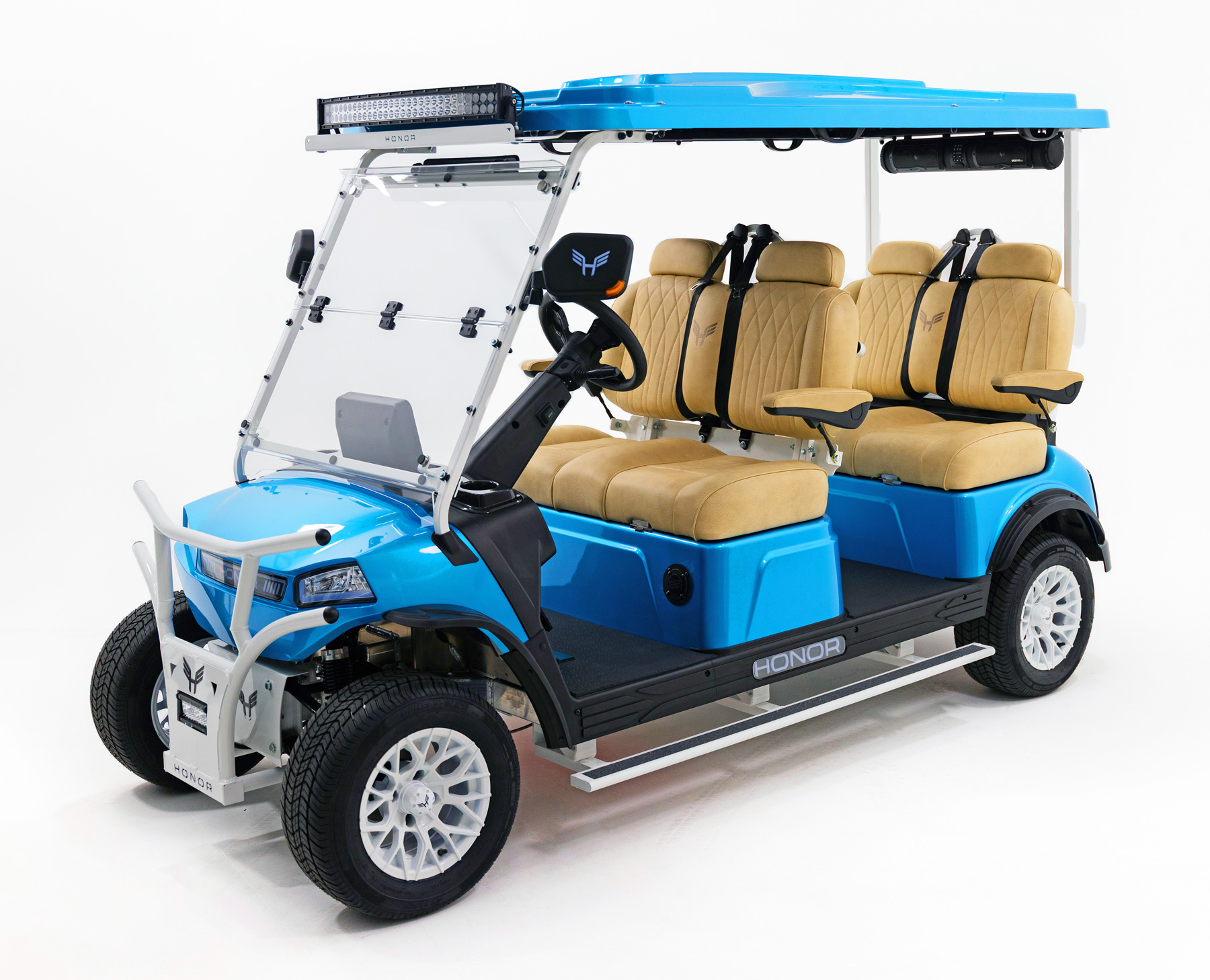 Blue Honor Boulevard with four forward-facing tan seats
